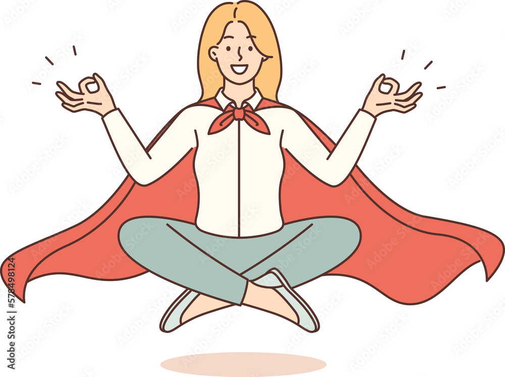 Woman office worker in superhero cape meditating and does yoga for harmony and balance Woman office worker in superhero cape meditating and does yoga for harmony and balance