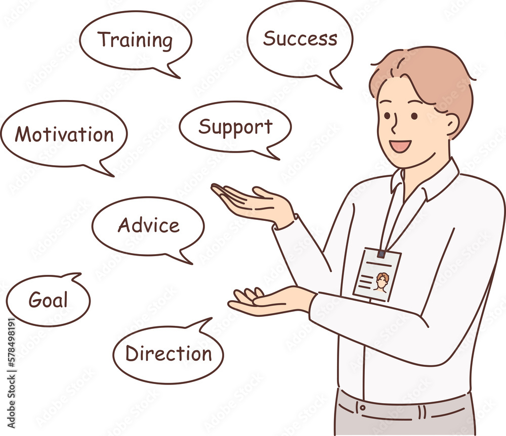 Motivated businessman with work words in talk balloons Motivated businessman with work words in talk balloons