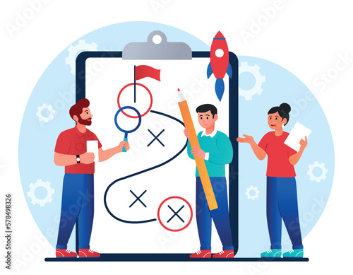Strategic planning concept. Men and woman with large pencil draw route. Goal setting and vision for future. Entrepreneurs and investor launch start up, business. Cartoon flat vector illustration