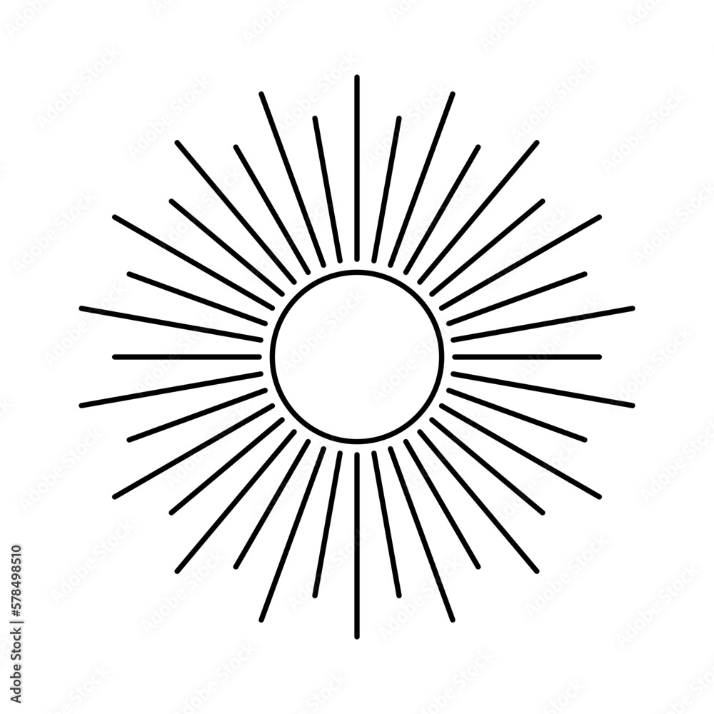 Outline sun and rays vector illustration. Isolated shining sun linear pictogram on white