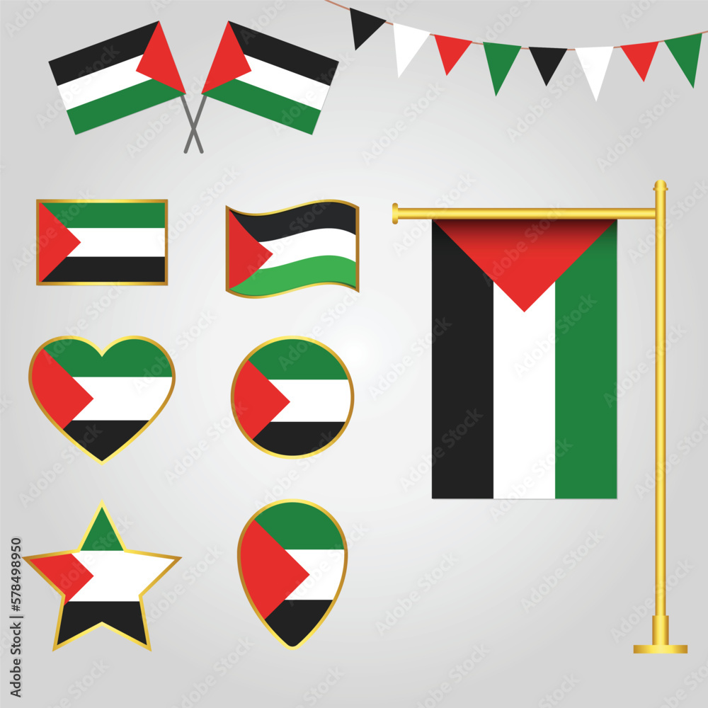 Vector collection of Palestine flag emblems and icons in different shapes vector illustration of Palestine Vector collection of Palestine flag emblems and icons in different shapes vector illustration of Palestine