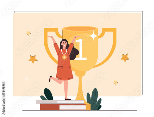 Successful woman with trophy. Young girl with gold medal and cup celebrates success. Award for entrepreneur or employee. Leadership and motivation, ambition. Cartoon flat vector illustration