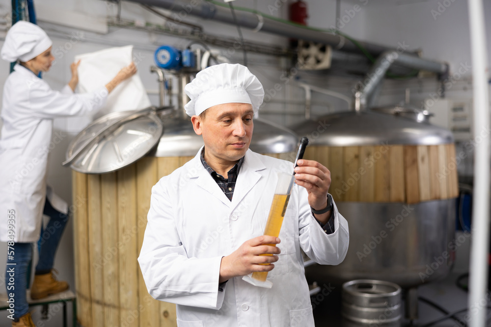 Man brewmaster in white coat measuring beer sample with alcoholometer.