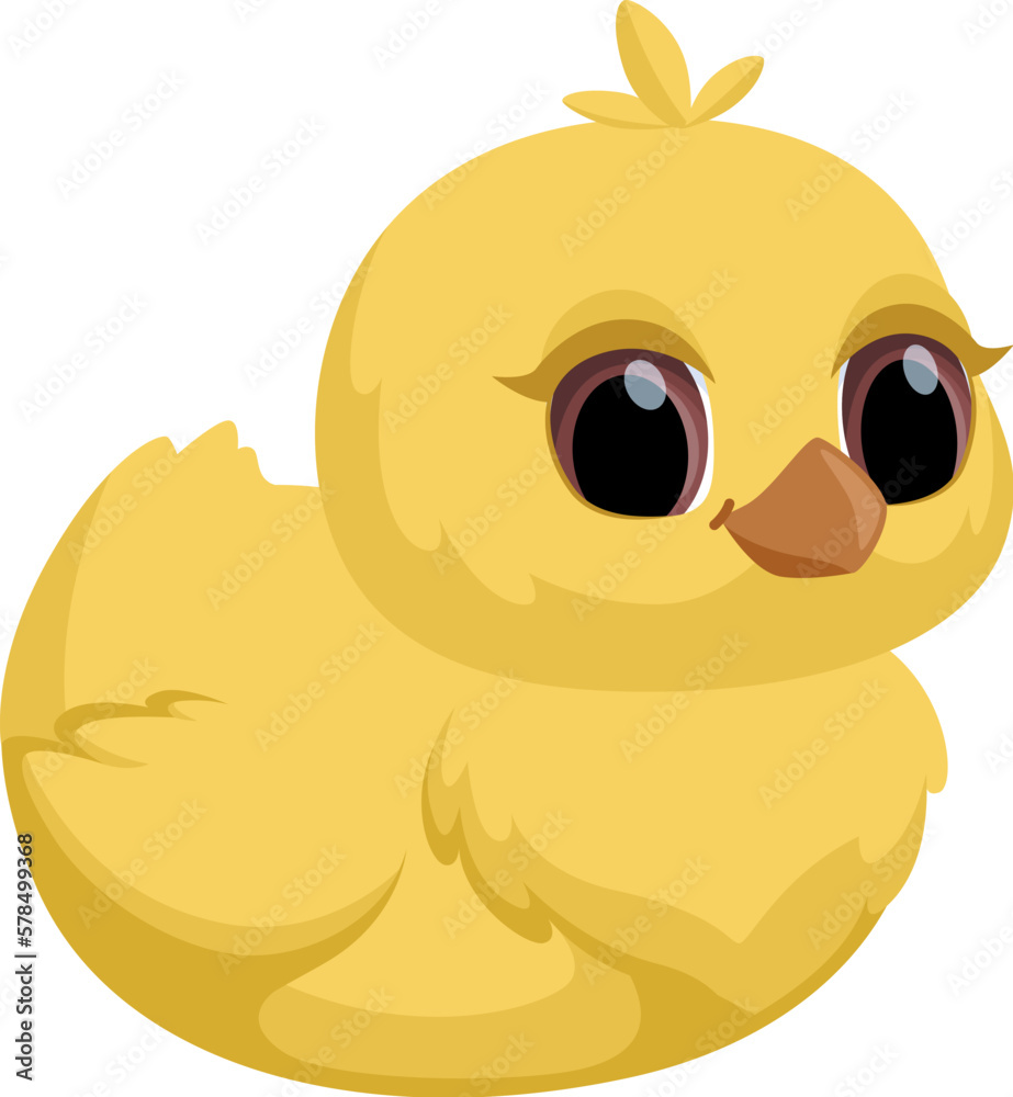 Cute sitting chick. Little cartoon chicken for Easter and second design. Vector illustration Isolated on white background.