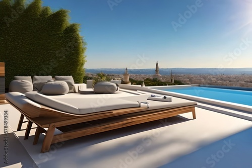 Impressive Penthouse Terrace With A Swimming Pool Overlooking Rome. Generative AI