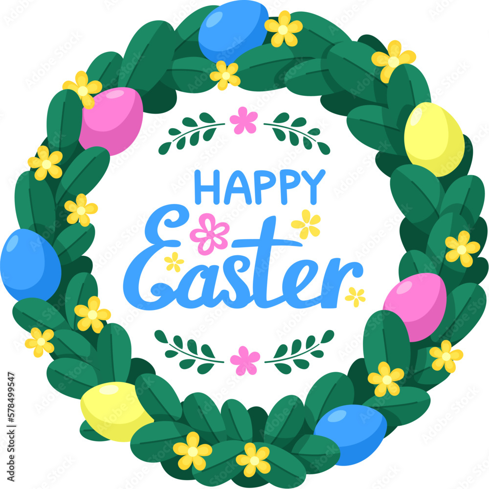 Easter wreath with flowers, eggs and Happy Easter lettering. Easter cartoon decoration. For the design of Easter cards, posters, banners. Vector illustration Isolated on white background.