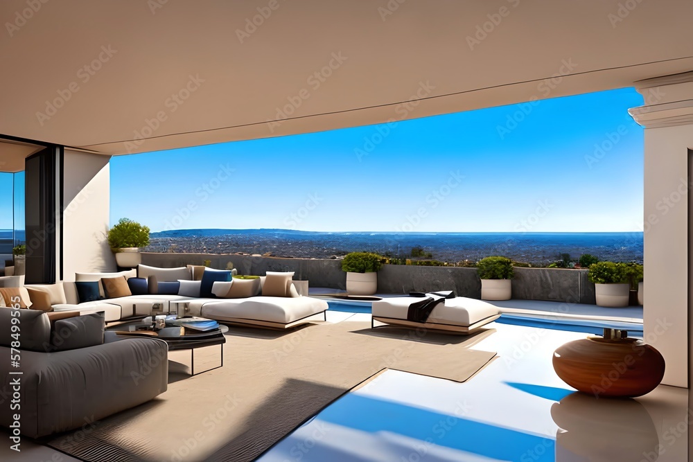 Fototapeta premium Impressive Penthouse Terrace With A Swimming Pool Overlooking Rome. Generative AI