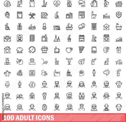 100 adult icons set. Outline illustration of 100 adult icons vector set isolated on white background