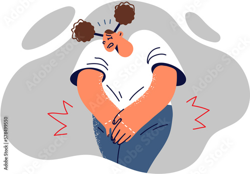 Billede på lærred Woman puts hands on groin feeling pain due to urinary tract infection or aggrava