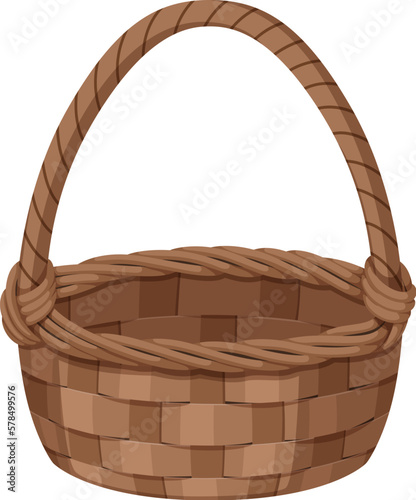 Empty picnic basket for food. . Vector cartoon hand drawn wicker basket. Isolated on white background.