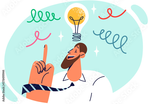 Tableau sur toile Encouraged businessman with light bulb pointing finger up coming up with new bri