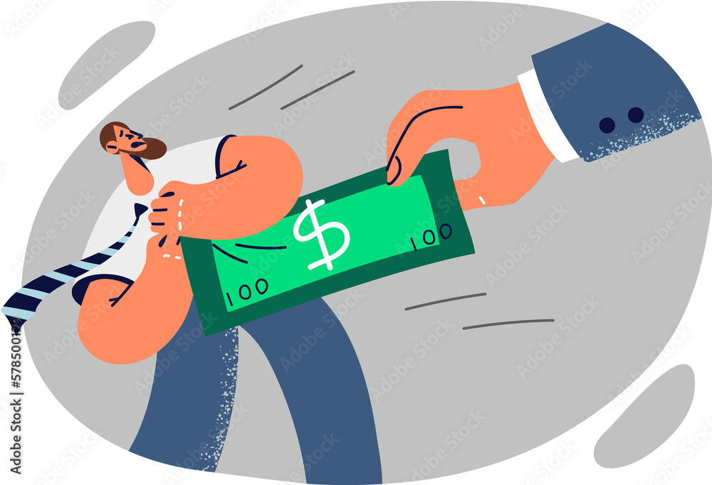 Man tries to take banknote from giant hand while fighting for market share for business or pay rise Man tries to take banknote from giant hand while fighting for market share for business or pay rise