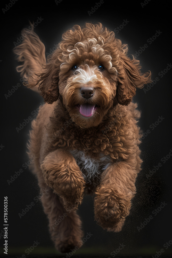 Fototapeta premium Active Labradoodle Front View Running Active Dog Month April 2023