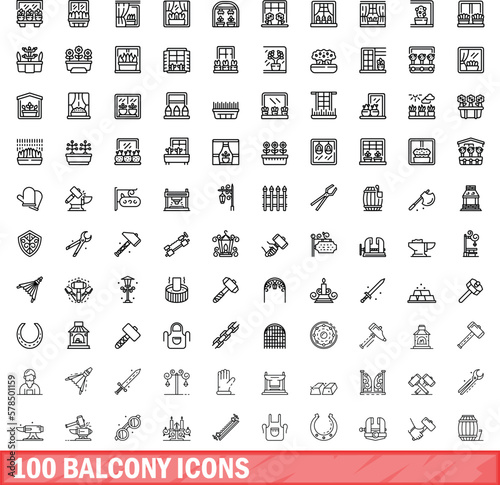 100 balcony icons set. Outline illustration of 100 balcony icons vector set isolated on white background
