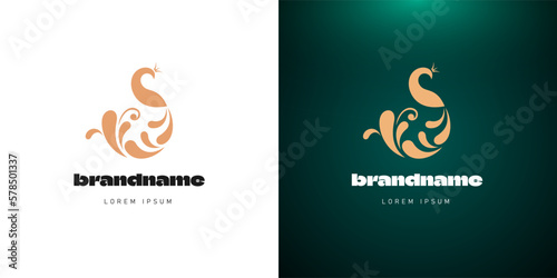 Initial letter S in shape of graceful folklore fairy style peacock or firebird for business identity logotype concept. Combined bird with long tail logo for company badge design. Vector elegant sign