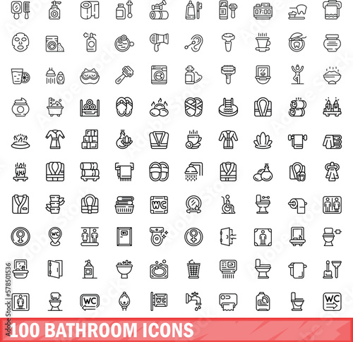 100 bathroom icons set. Outline illustration of 100 bathroom icons vector set isolated on white background