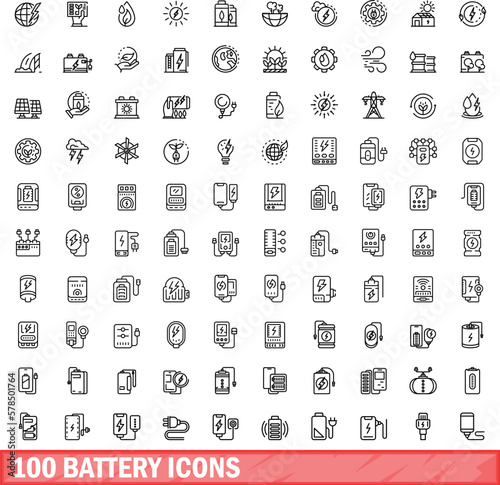 100 battery icons set. Outline illustration of 100 battery icons vector set isolated on white background