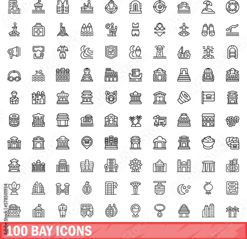 100 bay icons set. Outline illustration of 100 bay icons vector set isolated on white background