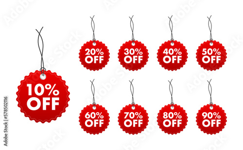 Sale tags. Special offer discount tag 10, 10, 20, 30, 40, 50, 60, 70, 80, 90 percent off price. Discount promotion