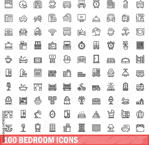 100 bedroom icons set. Outline illustration of 100 bedroom icons vector set isolated on white background