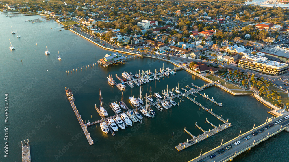 Drone shot of boats and yacht  in the Matanzas River, St. Augustine, FL.