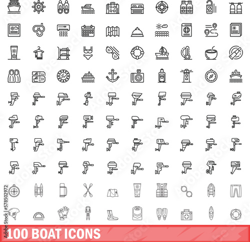 100 boat icons set. Outline illustration of 100 boat icons vector set isolated on white background