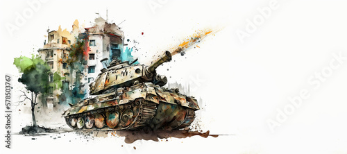 military tank, war, army vehicle, watercolor illustration on white background, Generative AI