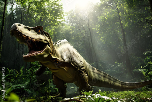 T-rex dinosaur predator in jungle ,face prehistoric monster animal .Generative AI   © Vieriu