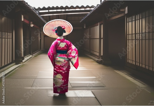 Back of japanese woman in the kimono with paper umbrella
