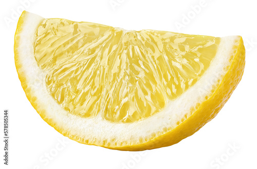Ripe slice of yellow lemon citrus fruit isolated on transparent background. Full depth of field.