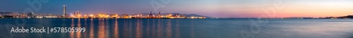 panoramic shot of nighttime long exposure of colorful city lights reflecting in Lake, izmir