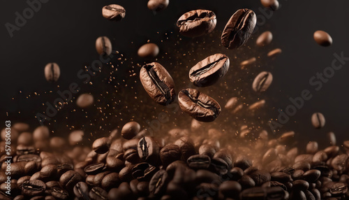 Falling delicious coffee beans on black background. Based on Generative AI photo