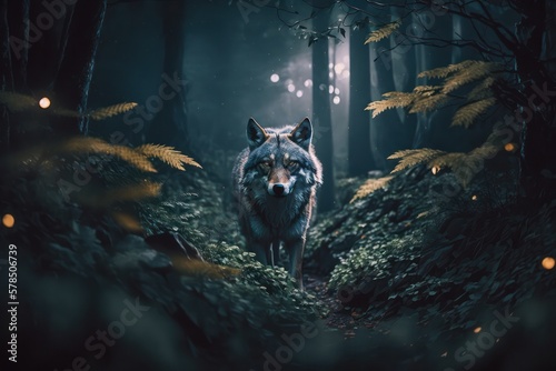 Wolf in the Forest at Night. Generative AI