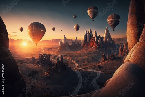 Colorful hot air balloons flying over mountain. AI generated, human enhanced. Background photo