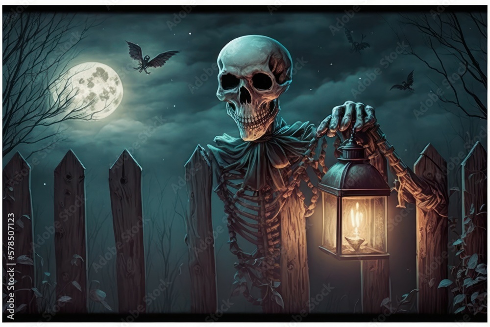 Skeleton holding a lantern on a spooky night. Halloween concept. AI