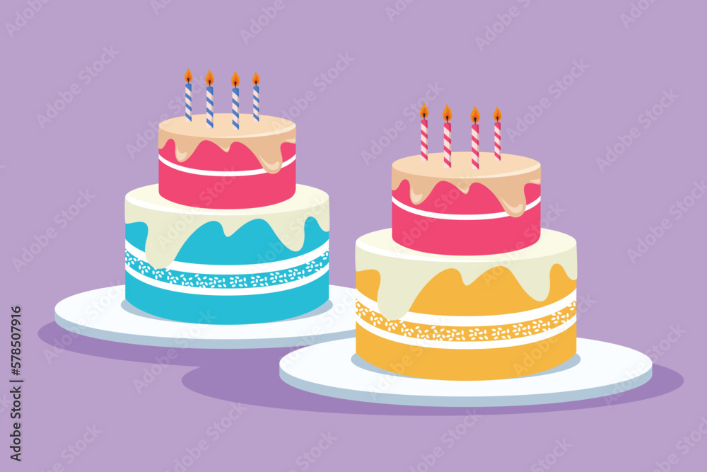 Cartoon flat style drawing fresh delicious home made birthday cake with candles above template. Pastry confectionery badge concept for cafe or food delivery service. Graphic design vector illustration