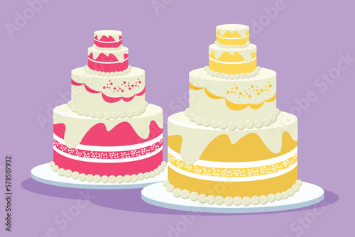 Character flat drawing fresh delicious stacked wedding cake with strawberry fruit topping. Pastry confectionery concept for flyer, sticker, card, logo, icon symbol. Cartoon design vector illustration © onetime