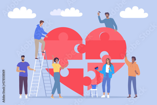 Young people work diligently as a team for charity. People build a big heart