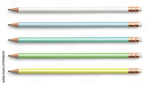 set of simple pencils with eraser in different pearlescent colors, isolated craft, art, business, or school design element, top view / flat lay