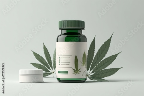 Medicinal CBD pills next to a Cannabis leaf and a glass container. AI generated, human enhanced