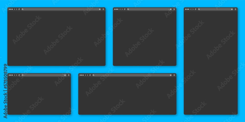 Blank web browser window with toolbar and search field. Modern website, internet page in flat style. Browser mockup for computer, tablet and smartphone. Adaptive UI, dark mode. Vector illustration Blank web browser window with toolbar and search field. Modern website, internet page in flat style. Browser mockup for computer, tablet and smartphone. Adaptive UI, dark mode. Vector illustration