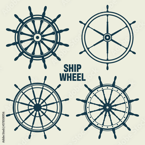 Collection of vintage steering wheels. Ship, yacht retro wheel symbol. Nautical rudder icon. Marine design element. Vector illustration