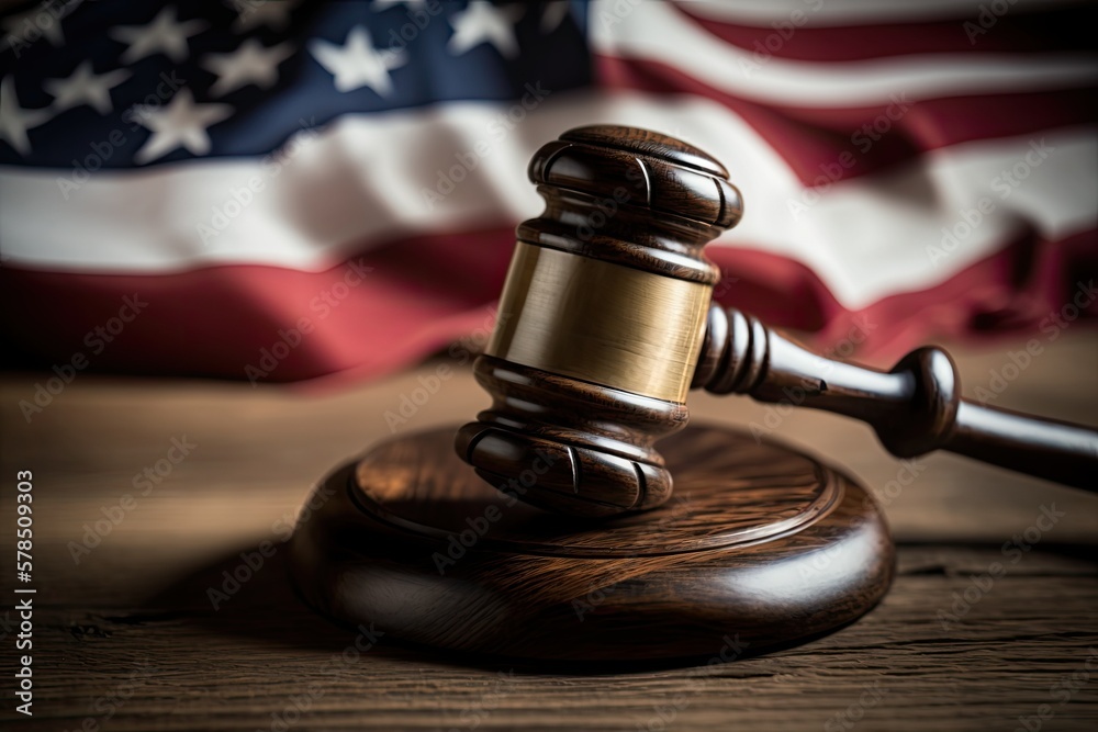Wooden judge gavel on the stand with American flag in the background