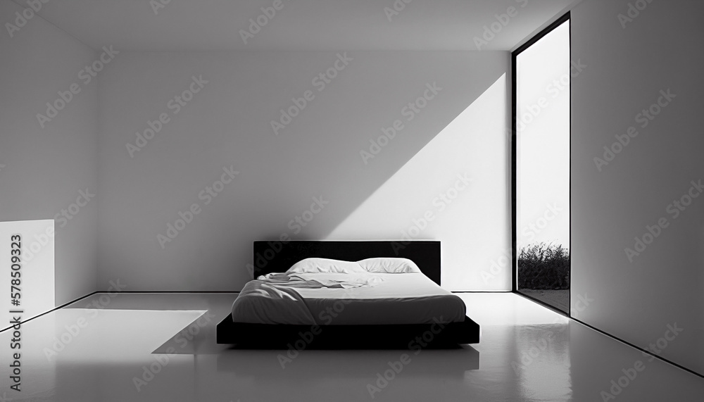 Ai generated. Huge double bed centered in the bedroom of the