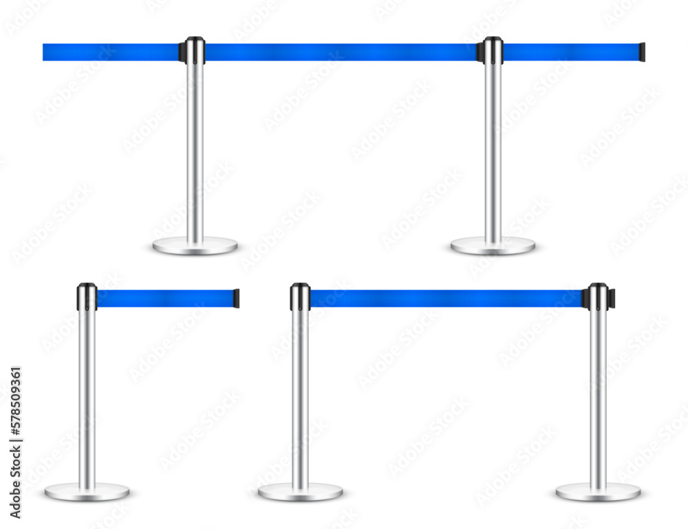 Obraz premium Realistic blue retractable belt stanchion. Crowd control barrier posts with caution strap. Queue lines. Restriction border and danger tape. Attention, warning sign. Vector illustration