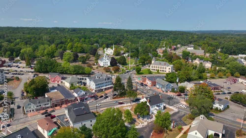 Chelmsford historic town center aerial view on Central Square including First Parish Unitarian Church, Town Common and Old Town Hall building, Chelmsford, Massachusetts MA, USA. Chelmsford historic town center aerial view on Central Square including First Parish Unitarian Church, Town Common and Old Town Hall building, Chelmsford, Massachusetts MA, USA.
