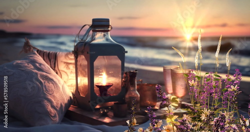 picnic on sunset at sea , straw hat, wine ,juice,and wild flowers on beach sand ,sun blurred light generated ai