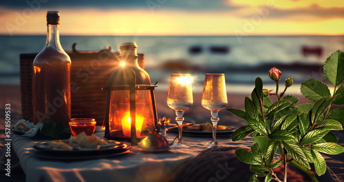 picnic on sunset at sea , straw hat, wine ,juice,and wild flowers on beach sand ,sun blurred light generated ai