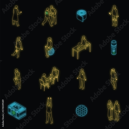 Sports doctor icons set. Isometric set of sports doctor vector icons neon olor on black