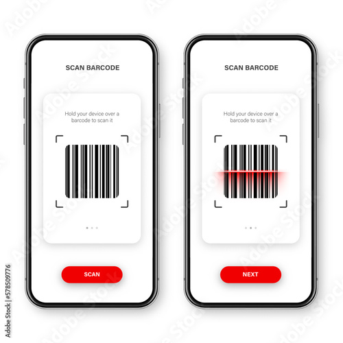 Barcode scanner, reader app for smartphone. Identification tracking code. Serial number, product ID with digital information. Store, supermarket scan labels, price tag. Vector illustration.